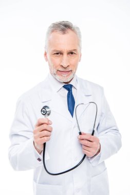 Mature doctor with stethoscope  clipart