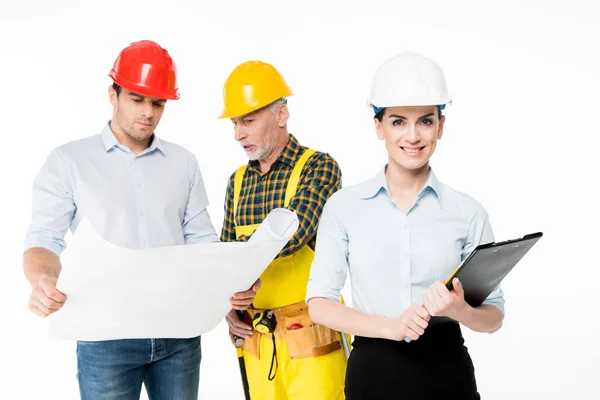 Two architects and workman — Stock Photo, Image