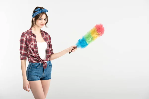 Young woman with duster — Stock Photo, Image