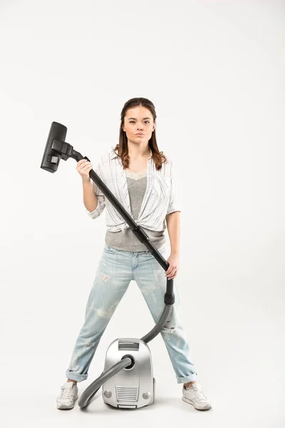 Frau mit Staubsauger — Stockfoto