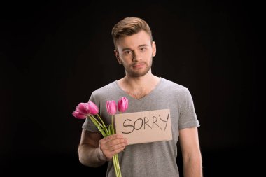 man with tulips bouquet clipart