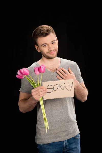 Homme avec bouquet tulipes — Photo