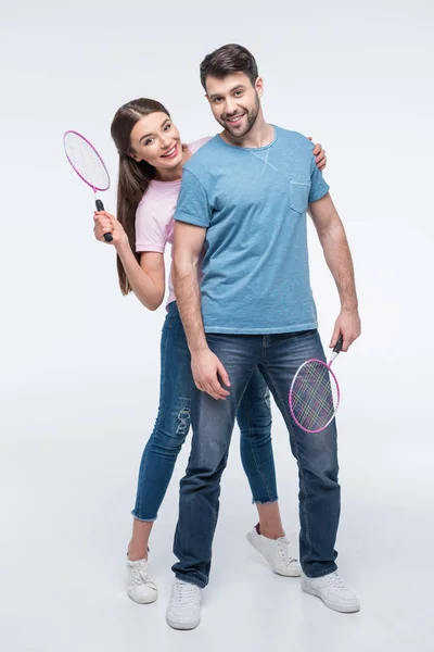 Par med badmintonracketar — Stockfoto