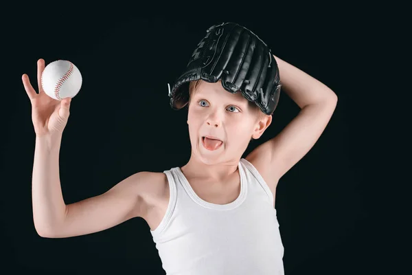 Menino com equipamento de beisebol — Fotografia de Stock