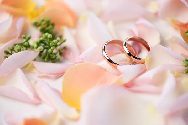 玫瑰花瓣上的结婚戒指 — 图库照片