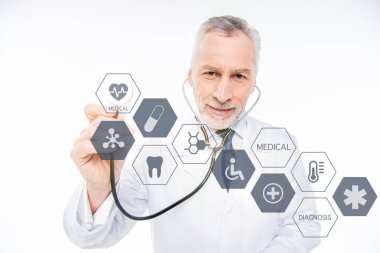 doctor with stethoscope and medical care icons clipart
