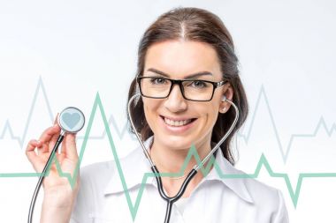 doctor with stethoscope and cardiogram clipart