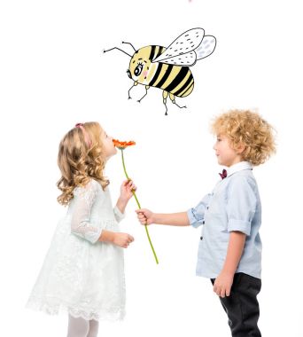 kids with flower and bee clipart
