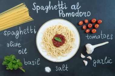 Spaghetti with sauce and basil 