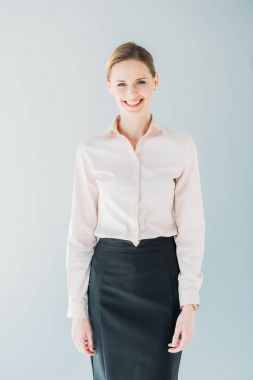 caucasian businesswoman in formalwear smiling clipart