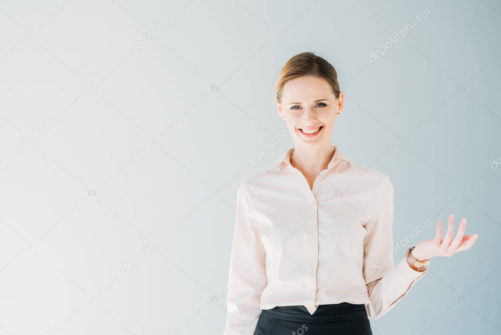 caucasian businesswoman in formalwear smiling