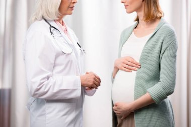 young pregnant woman talking with doctor clipart