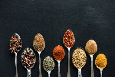 various spices and herbs in metal spoons clipart