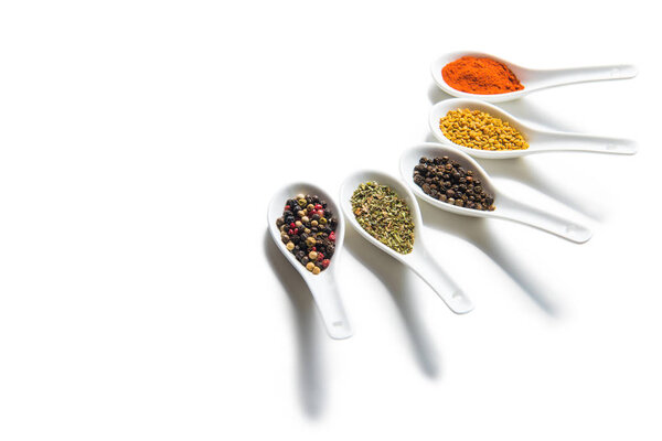 Various spices in spoons 