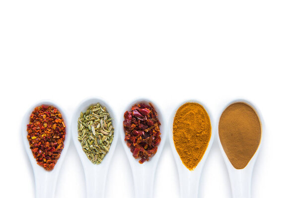 Various spices in spoons 