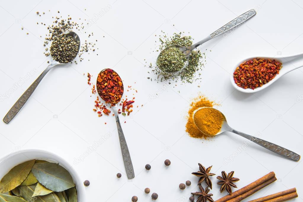 Various spices in spoons 