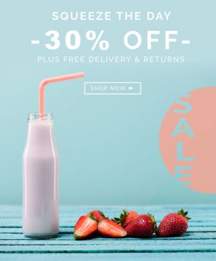 Sale banner with milkshake and strawberries clipart