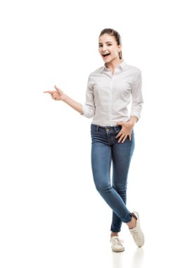 caucasian teenage girl pointing away clipart