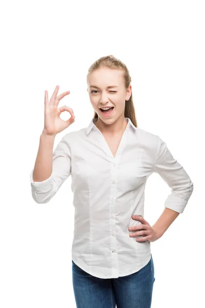 Caucasian teenage girl showing ok sign — Stock Photo, Image