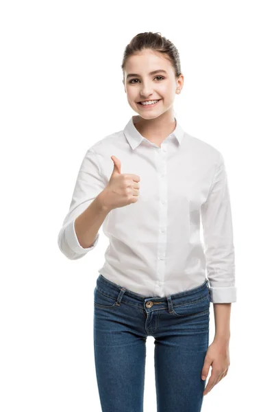 Caucasian teenage girl showing thumb up — Stock Photo, Image