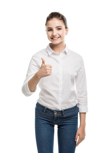 caucasian teenage girl showing thumb up