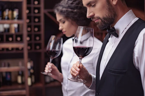 Sommeliers tasting wine in cellar — Stock Photo, Image