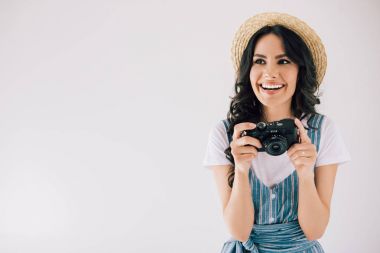 smiling woman with photo camera clipart