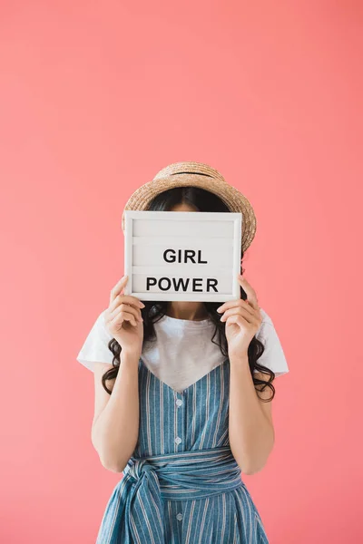 Woman with girl power board in hands — Stock Photo, Image
