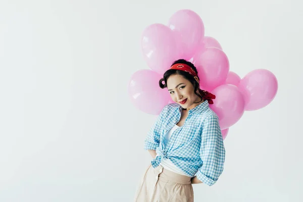 Asiático mujer celebración globos — Foto de Stock