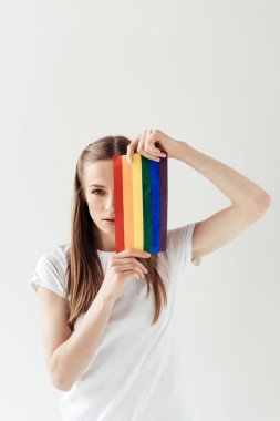 woman covering eye with rainbow flag  clipart