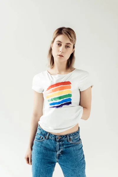 Woman showing printed rainbow — Stock Photo, Image