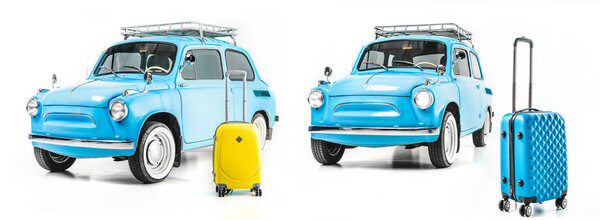 blue retro car with luggage