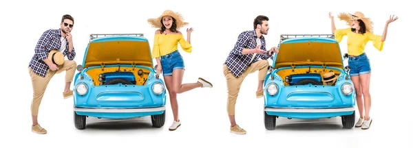 Couple with luggage standing by car — Stock Photo, Image