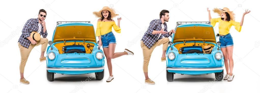 couple with luggage standing by car