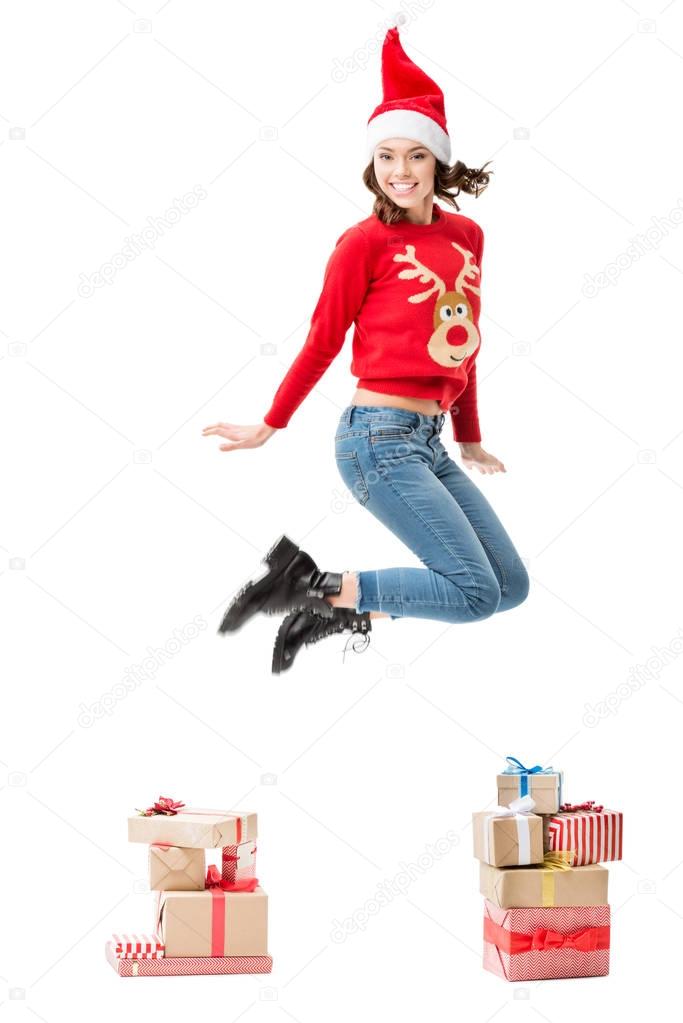 jumping woman in christmas sweater