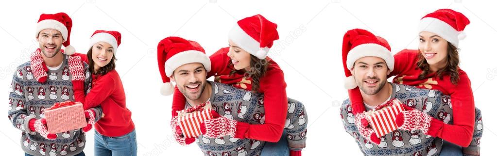young couple in santa hats