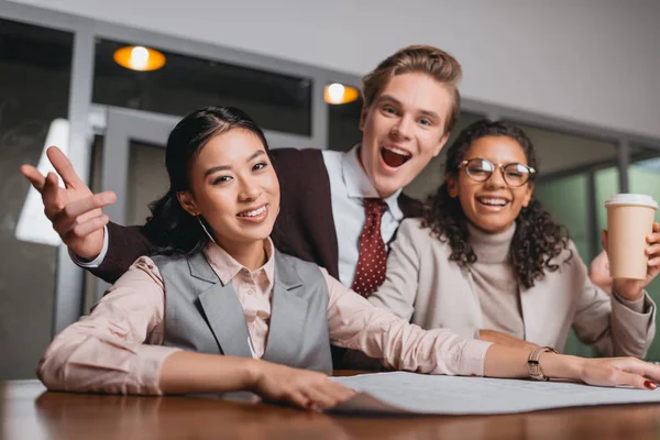 Excited Multicultural Businesspeople Coffee Documents Working Office — Stock Photo, Image