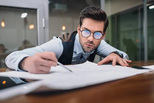 Adult Businessman Eyeglasses Working Blueprint Office — Stock Photo, Image