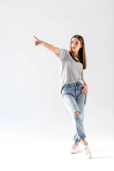 Attractive Young Woman Pointing Looking Away Isolated White — Stock Photo, Image