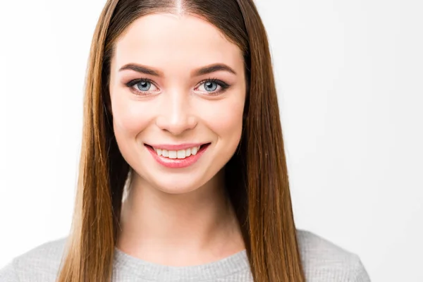 Düz Saçlı Beyaz Izole Kamera Bakıyor Güzel Gülümseyen Kadın Baş — Stok fotoğraf