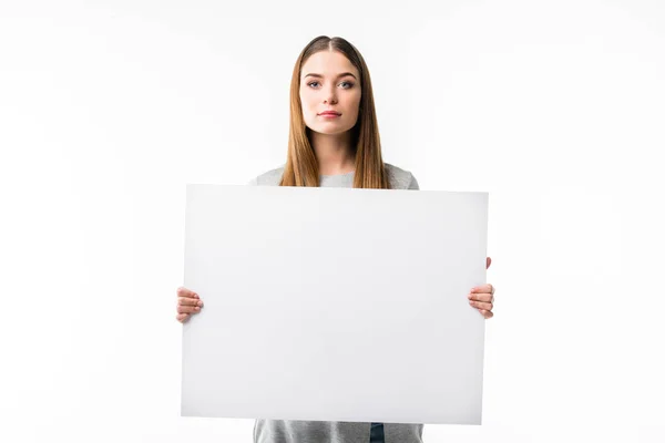 Portrait Attractive Woman Empty Banner Hands Looking Camera Isolated White — Stock Photo, Image