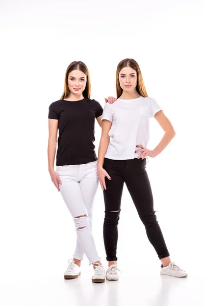 Twins Black White Stylish Clothing Posing Isolated White — Stock Photo, Image
