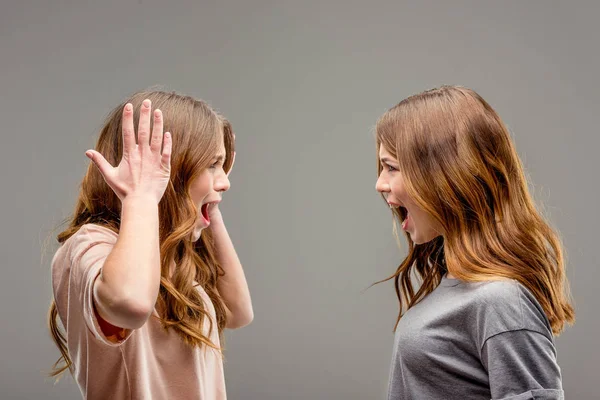 Side View Twin Sisters Screaming Each Other Isolated Grey — Stock Photo, Image