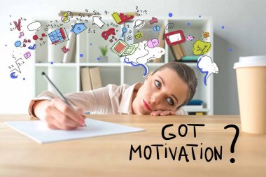 Businesswoman lying on table, writing down something at looking at coffee in paper cup, with get motivation inscription and business icons clipart