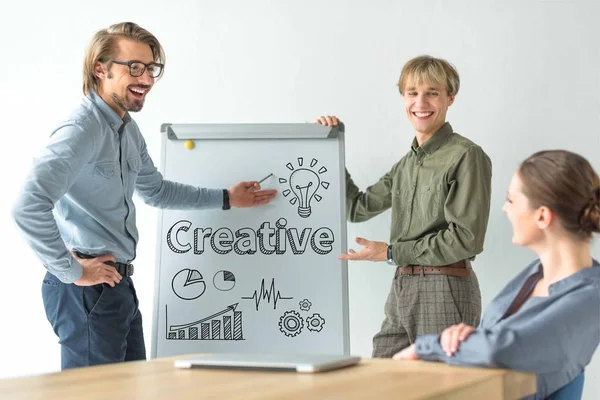 Hombres Negocios Riendo Mostrando Inscripción Creativa Signos Negocios Flipchat Mujer — Foto de Stock