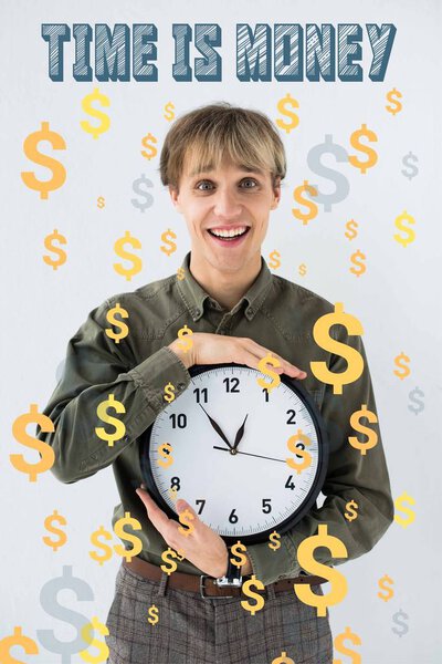 Smiling Businessman Holding Wall Clock Hands White Dollar Signs Flying Stock Image