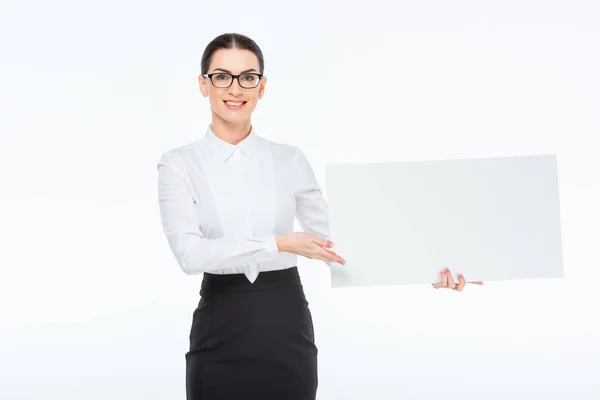 Businesswoman with blank card — Stock Photo