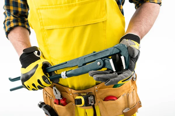 Trabajador con cinturón de herramientas - foto de stock