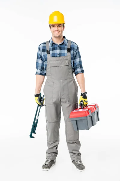 Workman che tiene kit di attrezzi — Stock Photo