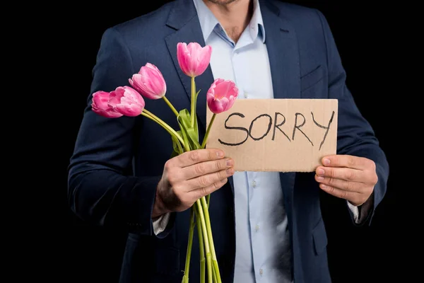 Homme avec bouquet tulipes — Photo de stock